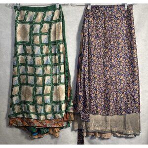 Women Silk Wrap Skirts Bundle of 2 One Size Multicolor Boho Sari Festive 5-5